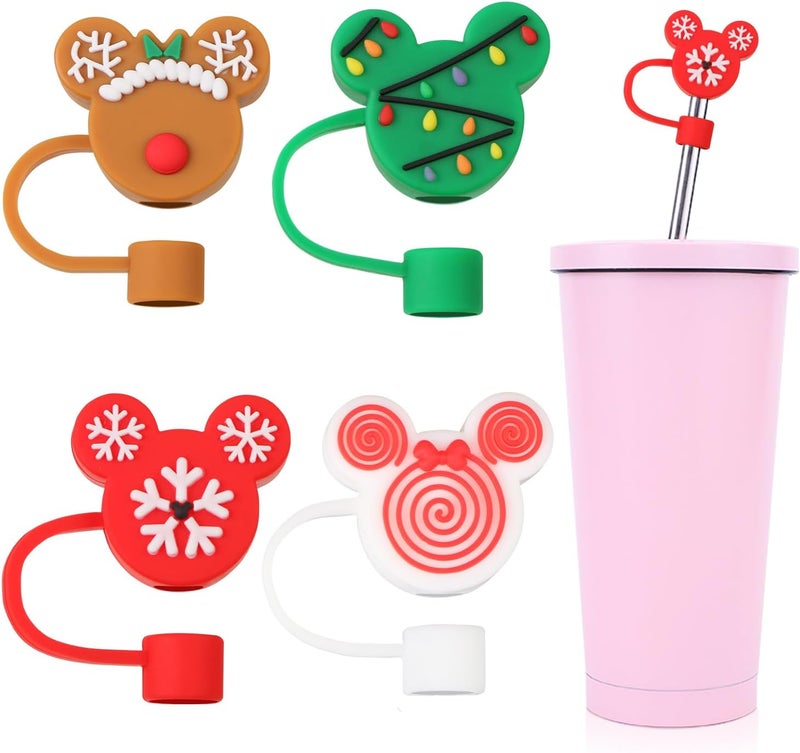BENOSPACE 4 Pcs Mouse Head Silicone Straw Tips Cover for Christmas - Cute Reusable Drinking Straw Topper Caps, Dust-Proof Plugs Protectors for 6-8 mm Straws - Image 1